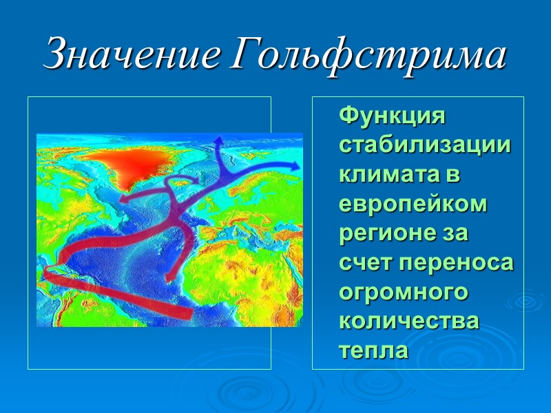 Значение Гольфстрима    Функция стабилизации климата в европейком регионе за счет переноса